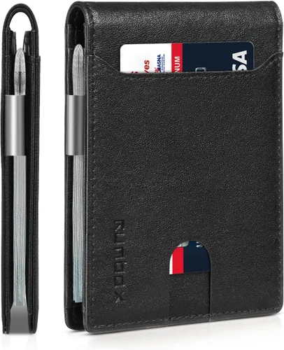 Vista 22 de RUNBOX - Carteras delgadas para hombre, cartera de piel con pinza para el dinero, cartera de bolsillo frontal con bloqueo RFID, tarjetero