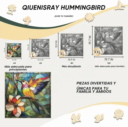 Vista 2 de Qiuenisray Rompecabezas de madera de 200 piezas, rompecabezas de colibrí de vidrieras