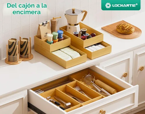Vista 7 de Pequeñas cajas organizadoras de cajones de cocina de bambú bandeja
