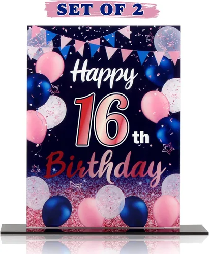 Vista 16 de LINGTEER Decoraciones de feliz cumpleaños número 11, 2 piezas de soporte de acrílico con impresión de pie rosa y azul, tablero de telón de fondo