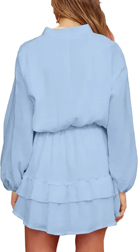 Vista 2 de OPOIPIN Minivestido de manga larga con cuello en V y volantes en capas para mujer