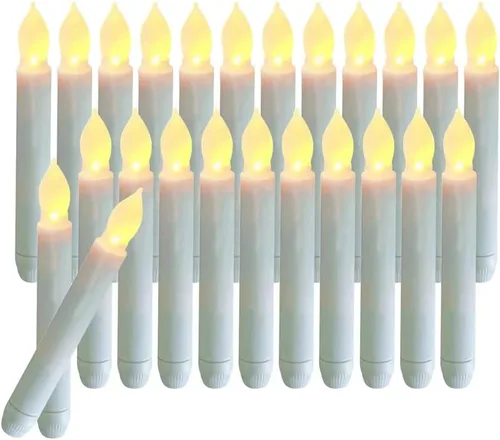 Vista 8 de 12 velas cónicas LED sin llama, candelabros operados con pilas con llama parpadeante blanca cálida, 0.79 x 6.5 pulgadas, velas flotantes falsas sin
