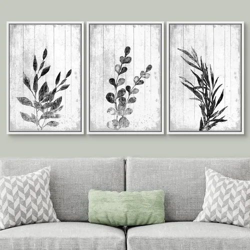 Vista 235 de SIGNWIN Lienzo enmarcado para pared, juego de arte de collage de hojas transparentes en blanco y negro, ilustraciones de naturaleza silvestre, arte