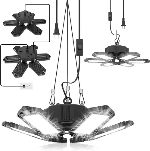 Vista 9 de SEOBIOG Luz de garaje enchufable, 200 W, 20000 lúmenes, luz de tienda enlazable con interruptor de encendido/apagado, luces LED colgantes de 6500 K