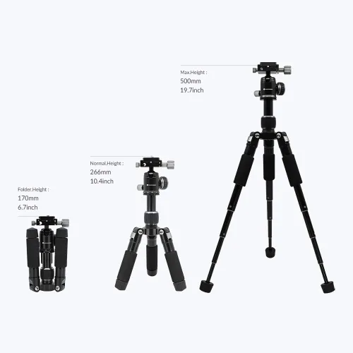 Vista 5 de Trípode de 50 V de perfil bajo para cámara y iPhone, trípode compacto de mesa y viaje con mango de aluminio, compatible con teléfonos inteligentes