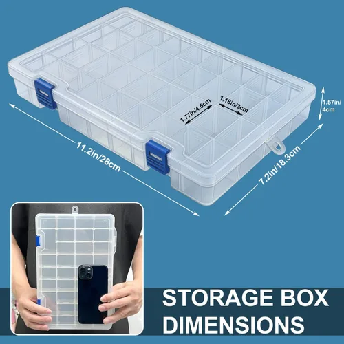 Vista 5 de Qualsen Paquete de 4 cajas organizadoras de plástico de 34 rejillas con divisores ajustables, caja de aparejos de pesca y caja organizadora