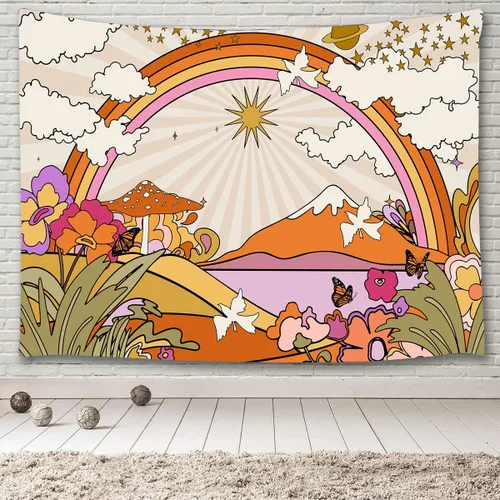 Vista 8 de TOMOZ Tapiz vintage de los años 70 y 60, diseño retro de flores, nubes, sol y arco iris, tapiz para colgar en la pared, tapiz psicodélico bohemio
