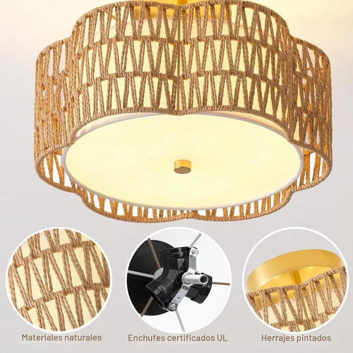 Vista 5 de Lámparas bohemias de 13.6 pulgadas de montaje empotrado, 3 luces de ratán para techo, montaje empotrado dorado para dormitorio, en forma de flor