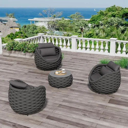 Vista 17 de Juego de muebles de patio de aluminio de 3 piezas: cuerda tejida a mano para conversación al aire libre, juego de 2 cojines modernos montados, juego