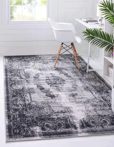 Vista 13 de Unique Loom Aarhus Collection - Alfombra vintage con medallón de borde (2 pies x 6 pies, color carbón/marfil)