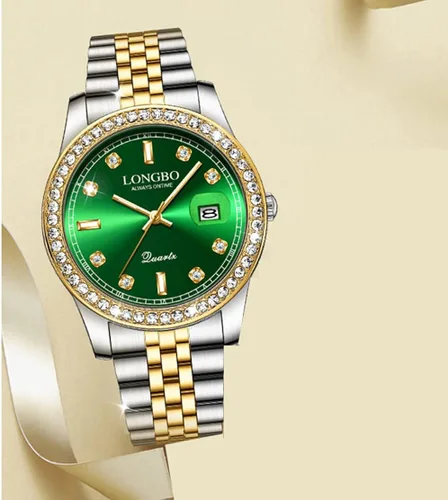Vista 2 de Reloj de moda para mujer con esfera brillante, reloj impermeable de cuarzo dorado completo, Moda
