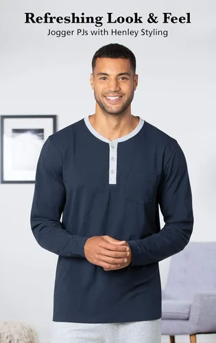Vista 3 de PajamaGram Ringer Tee Men's Sleepwear - Men Pajamas Set, Henley Top & Joggers