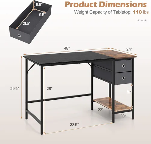 Vista 3 de Tangkula 48-Inch Computer Desk with 2 Drawers, Modern Home Office Desk with Hanging Hook & Storage Shelf, Multipurpose Writing Desk for Study Bedroom