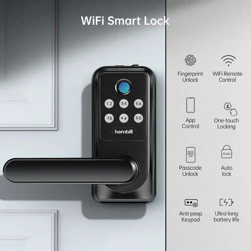 Vista 2 de Cerradura inteligente WiFi sin llave con asa, teclado de huellas dactilares Hornbill, palanca de bloqueo de puerta, cerrojo eléctrico, desbloqueo