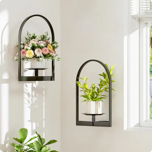 Vista 7 de Soporte para plantas de pared de metal negro, paquete de 2 soportes para plantas montados en la pared y soportes colgantes para macetas