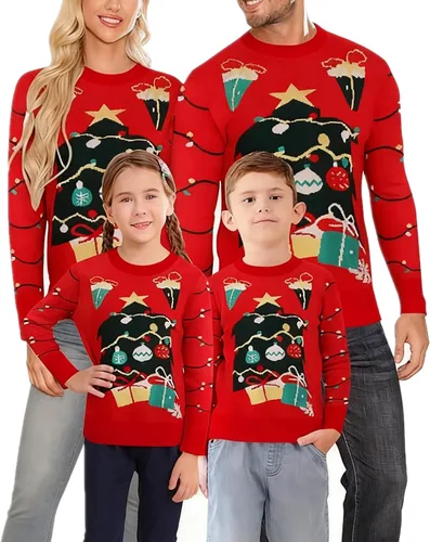 Vista 12 de Suéter navideño a juego para la familia, con estampado de copos de nieve de reno, suéter feo de manga larga 1 estilo.