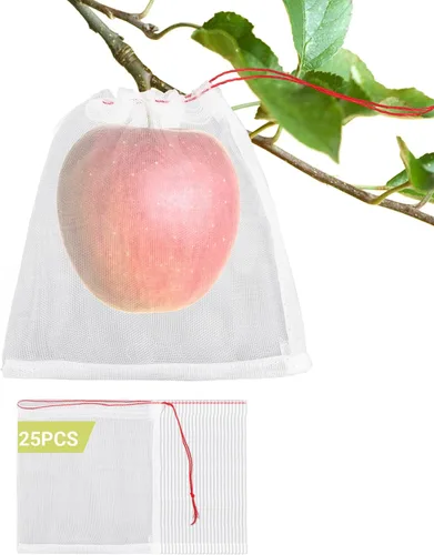 Vista 9 de Bolsas de cobertura de frutas contra pájaros, 25 bolsas de malla de protección de frutas de 4 x 6 pulgadas con cuerda, red para árboles frutales