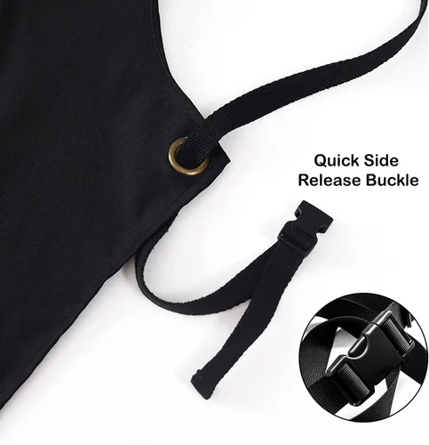 Vista 4 de Delantal de chef de lona, delantal con espalda cruzada para hombres y mujeres con correas ajustables, lazo de metal y bolsillos grandes, color negro