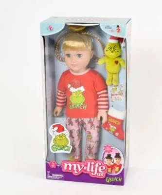 Vista 5 de My Life As Grinch Sleepover - Muñeca de Navidad coleccionable de 18 pulgadas con bonificación (rubia/azul)