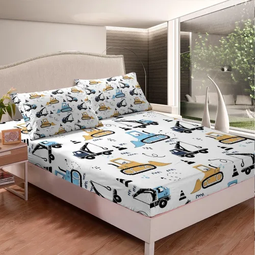 Vista 3 de Juego de sábanas bajeras para niños con diseño de caricaturas para niños, equipamiento para camiones, sábana de cama, excavadora, tractor, blanco