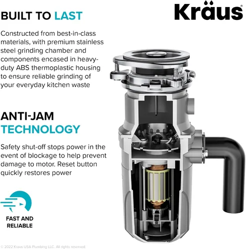 Vista 7 de KRAUS® WasteGuard™ - Triturador de basura de alimentación continua de 1/2 HP con motor ultrasilencioso de alta velocidad, cable de alimentación