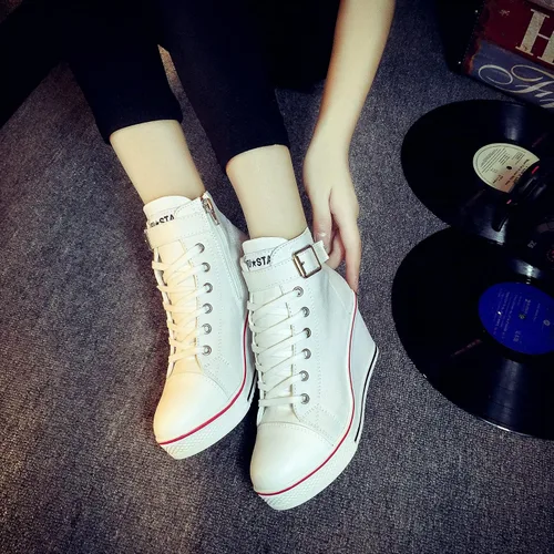 Vista 5 de ALLINNINE Zapatos deportivos de tacón alto para mujer, zapatos de lona de moda de tubo alto, con cordones, borde de cuña, cremallera, ángulo