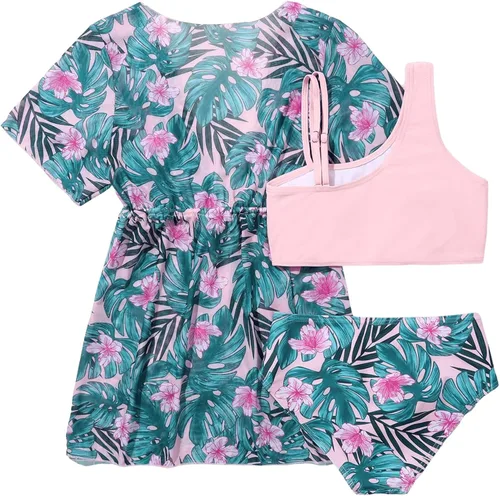 Vista 2 de Verdusa Conjunto de bikini de 3 piezas con estampado tropical para niña y kimono