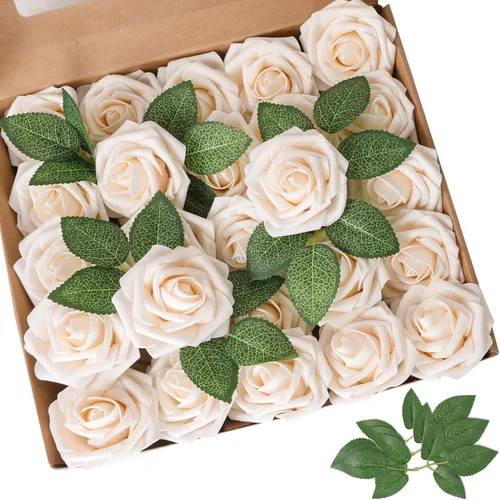 Vista 14 de AmyHomie 25 flores artificiales de aspecto real con tallo de rosa beige