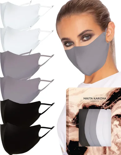 Vista 9 de KARIZMA Mascarillas Faciales de Tela Wardrobe para Mujer, Paquete de 6. 6 Máscaras Faciales Negras Suaves como la Mantequilla, Tela Lavable