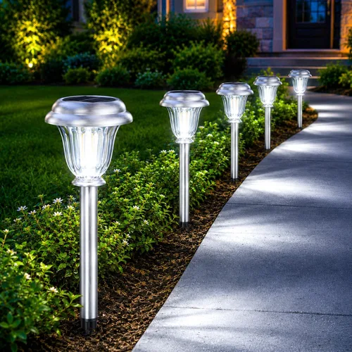Vista 11 de DERAYSION Solar Lights Outdoor, 6 Pack Brushed Stainless Steel Glass Solar Pathway Lights, Auto On/Off Long-Lasting Outdoor Solar Lights for Garden