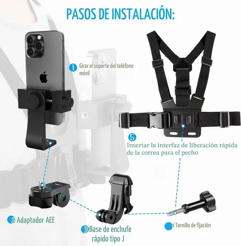 Vista 6 de Soporte de correa de pecho para teléfono para videos POV/VLOG, soporte de arnés de pecho compatible con iPhone 13 12 11Pro Max Plus, Samsung, GoPro