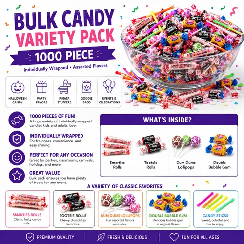 Vista 3 de Fun Express Paquete variado de dulces a granel, 9 libras, 1000 unidades Individually Wrapped, Assorted Candy Mix, For 4th of July, Halloween