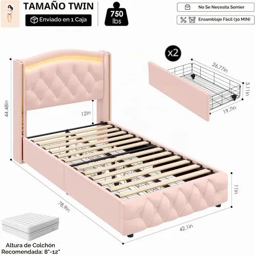 Vista 2 de Hifit Base de cama LED, tamaño individual, cabecera capitoné con botones de cristal, 4 cajones, moderna, piel sintética, de princesa, para niñas,