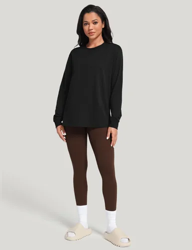 Vista 5 de HeyNuts - Camisas de manga larga para mujer de algodón Pima para entrenamiento, cuello redondo, atléticas, básicas, casuales