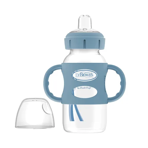 Vista 10 de Dr. Brown's Milestones - Botella de transición de cuello ancho con asas de silicona, 9 onzas, 9.1 fl oz, 19.7 ft+ azul claro y gris, paquete de 2