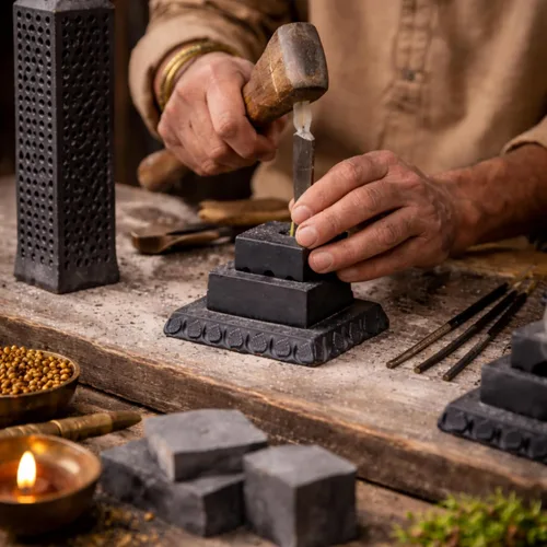 Vista 9 de Quemador de varillas de incienso de piedra jabón de mármol negro hecho a mano Portavelas Quemador de velas de té - Tallado Jaali perfecto