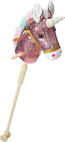 Vista 9 de HollyHOME Caballo de unicornio con lentejuelas, caballo de juguete artesanal con palo y ruedas de madera, sonidos reales de relincho y galope de Azul