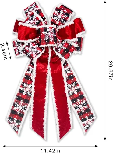 Vista 2 de Lazo de Navidad grande para corona, lazos de corona de Navidad a cuadros rojos y negros para puerta delantera, coronas decorativas de terciopelo