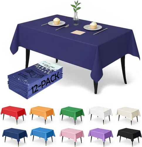 Vista 10 de Paquete de 12 manteles de plástico negro – Cubiertas de mesa desechables de 54 x 108 pulgadas para mesas rectangulares, resistentes y resistentes al