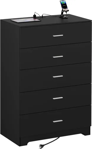 Vista 4 de GEPELCN Cómoda para dormitorio con tomas de corriente, cómoda de madera con 5 cajones con gran espacio de almacenamiento, cómoda negra con riel