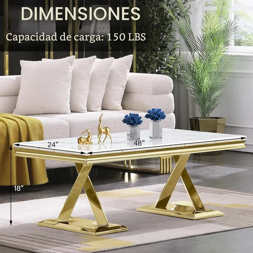 Vista 4 de ACEDÉCOR Mesa de centro dorada, mesa central de lujo para sala de estar con mesa blanca y base en X pulida dorada, mesa de té rectangular para sala