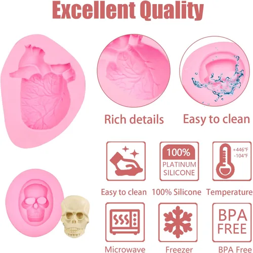 Vista 2 de Moldes de fondant de chocolate con corazón humano, 3 piezas, molde de silicona en forma de corazón humano 3D con cabeza de calavera para Halloween
