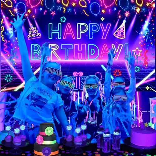 Vista 2 de Decoración de pancarta de fiesta de cumpleaños de neón brillante, telón de fondo de feliz cumpleaños con temática de fiesta