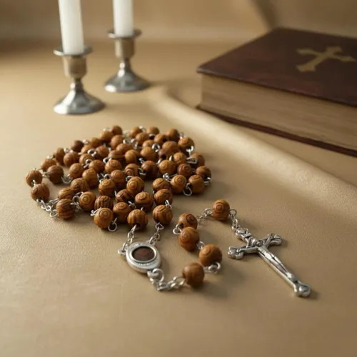 Vista 3 de Nazareth Store Rosario de madera de olivo con cuentas talladas a mano Collar de cuentas Medalla de centro de mesa de suelo sagrado de Jerusalén