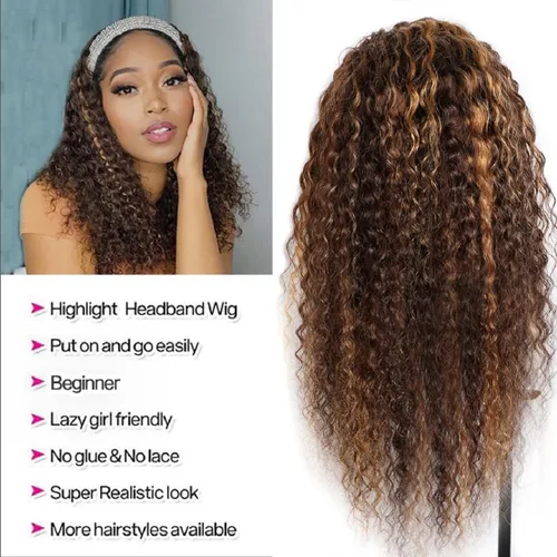 Vista 3 de Rebasar - Peluca de onda profunda con reflejos color marrón, 10 pulgadas, con diadema y reflejos, cabello humano, rizado, para mujeres negras