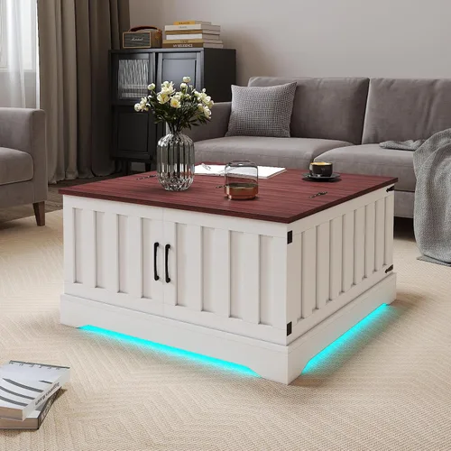 Vista 6 de HedoAjim Mesa auxiliar elevable de 31.5 pulgadas con almacenamiento, mesa de centro cuadrada blanca LED con gran almacenamiento oculto, mesa central