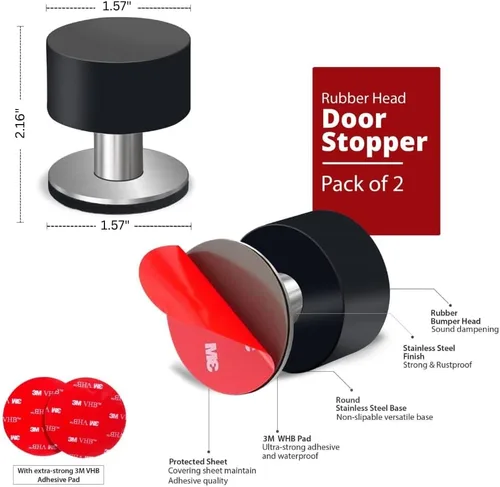 Vista 6 de Paquete de 2 topes de puerta con calcomanías adicionales, topes de puerta autoadhesivos con parachoques de goma negra y cuerpo de acero inoxidable