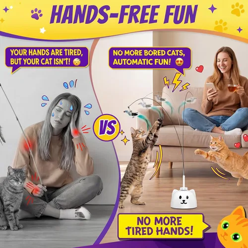 Vista 4 de Juguetes interactivos para gatos de interior: Varita de plumas de ave voladora con giro automático de 360° mejorada con varilla protegida de Blanco