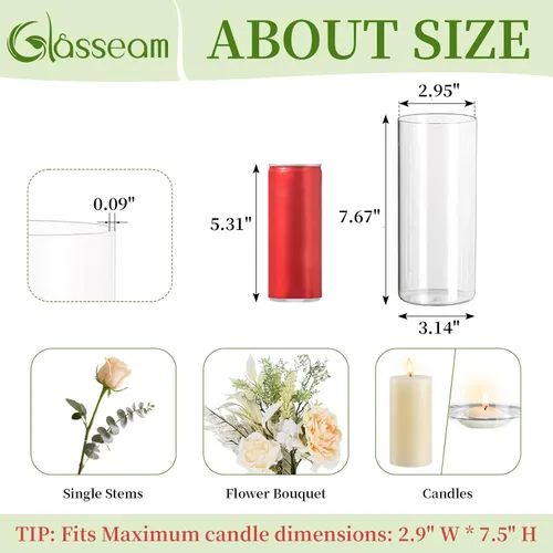 Vista 2 de Glasseam Juego de 6 jarrones cilíndricos transparentes, jarrones de vidrio modernos para centros de mesa, jarrones para velas flotantes