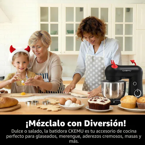 Vista 3 de Batidora de pie, compacta y ahorra espacio, cuenco de acero inoxidable, diseño único y juguetón, motor eficiente de 300 W, accesorios aptos